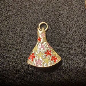 Gold Dress Pendant with Red and Pink Floral Accents